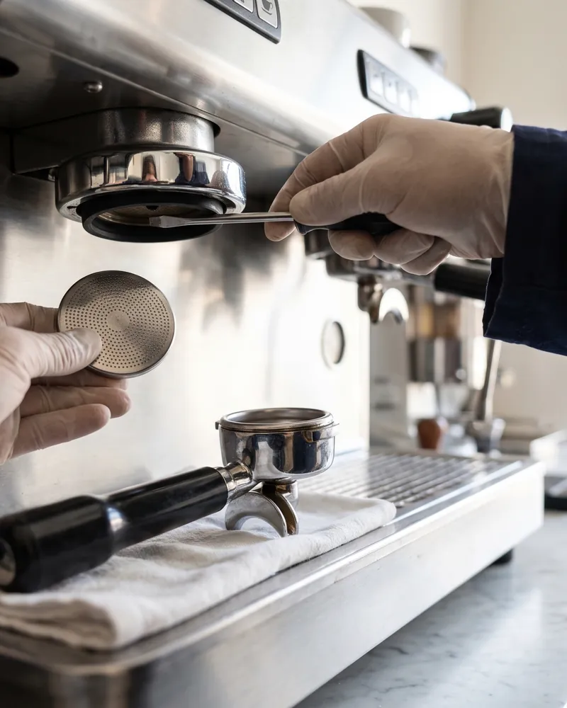 Mani al lavoro sul gruppo di una macchina da caffè, con la doccetta smontata e il portafiltro su un panno