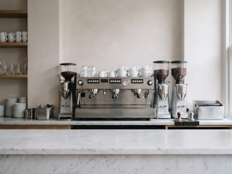 Banco in marmo chiaro di un bar, con una macchina da caffè a più gruppi, i macinini e le tazzine in ordine