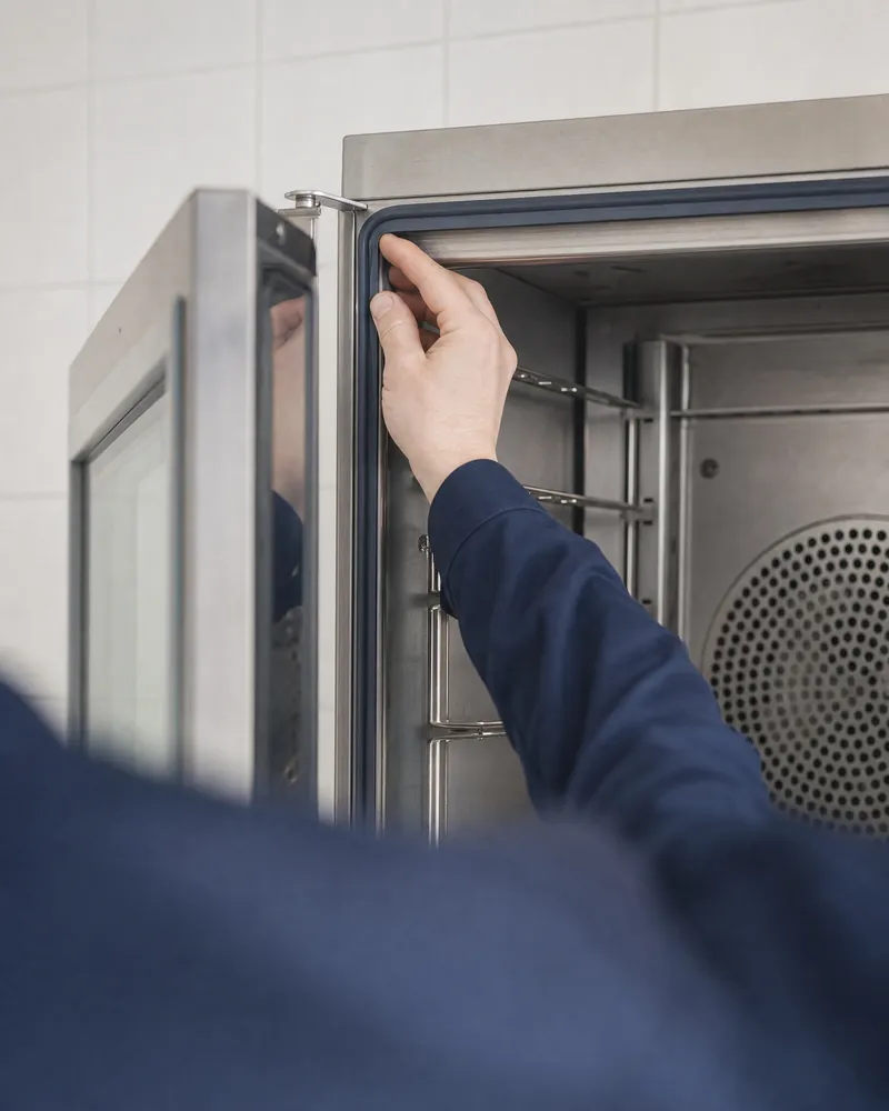 Mano che controlla la guarnizione della porta aperta di un forno professionale in acciaio