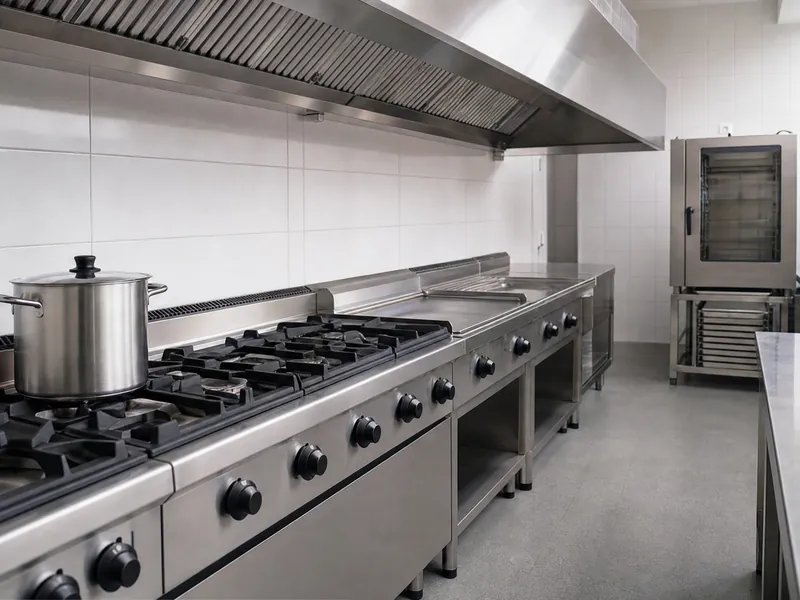 Linea di cucina professionale in acciaio con fuochi a gas, una pentola, la cappa e un forno sullo sfondo