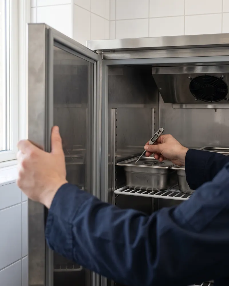 Tecnico che misura con una sonda la temperatura dentro un armadio refrigerato in acciaio aperto