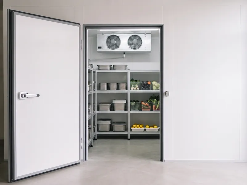 Porta aperta di una cella frigorifera, con scaffali in ordine e l'evaporatore a soffitto