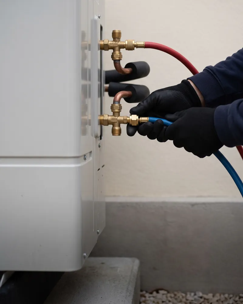Mani guantate di un tecnico che collegano i tubi rosso e blu alle valvole di servizio di una pompa di calore