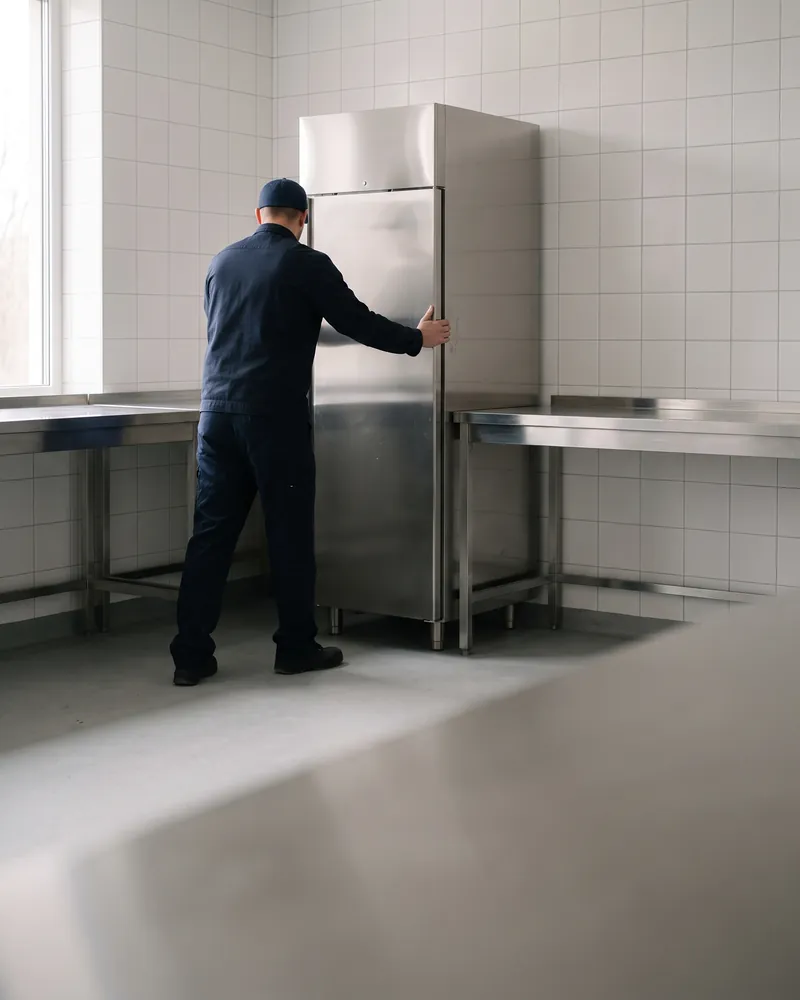 Tecnico di spalle che sistema un armadio refrigerato in acciaio in una cucina professionale