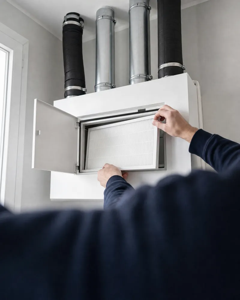 Mani che cambiano il filtro di un'unità di ventilazione a parete, collegata a quattro condotti